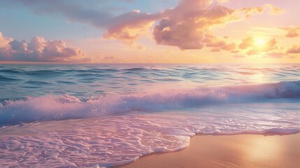 a calming coastal background with a sandy beach, gentle waves lapping the shore, and a vibrant sunset casting warm hues across the sky and water. Generative ai