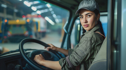 attractive female truck driver sitting in the cab, wearing workwear and hat, holding the steering wheel with one hand while looking at the camera