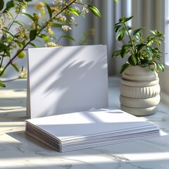 Wall Mural - two blank white postcards sitting flat on white surface