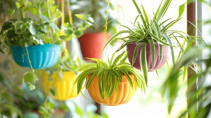 Wall Mural - Assorted hanging house plants in vibrant pots, sharp HD image.