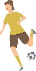 Female athlete in uniform is running and passing a soccer ball