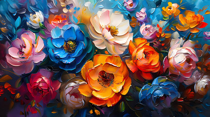 Vibrant oil painting of assorted colorful flowers.