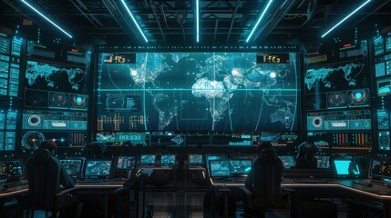Leinwandbilder - A group of people are sitting at computer monitors in a room with a large screen displaying a map of the world