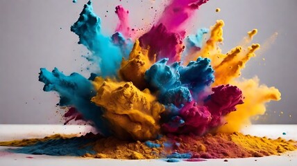 Colorful powder explosion effect on white background. Celebrate the vibrant festival of Holi with joy and happiness! 