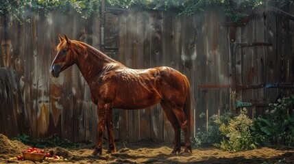 Wall Mural - A red horse with a white mark on its head stands in the enclosure beside the barrier and food