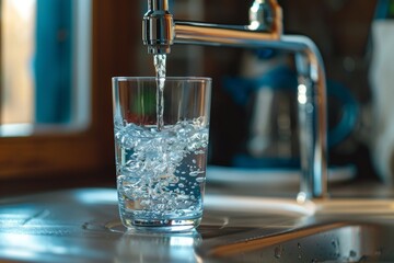 Wall Mural - Close up of a glass filled with clear and refreshing drinking water poured from a tap