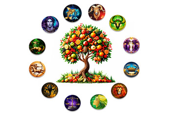 Wall Mural - all twelve zodiac signs with tree made of fruits, astrology  and food or nutrition  concept 