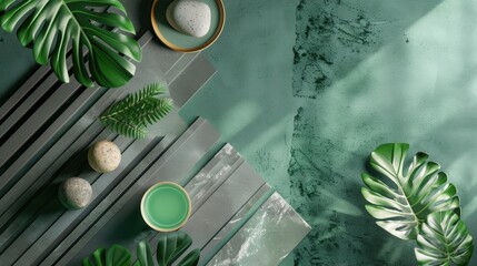 Wall Mural - Abstract Striped Composition with Spa Elements on Green and Gray Background