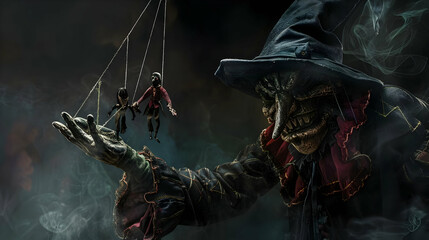 A dark sorcerer controlling puppets