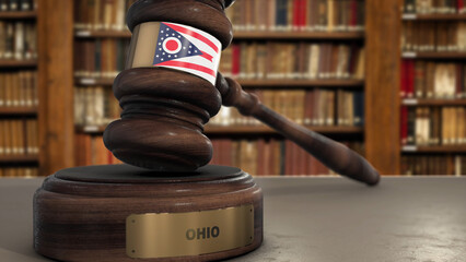 Wall Mural - Ohio Flag on Judge Gavel or Hammer in Court with State Name. Legal System 3D Illustration