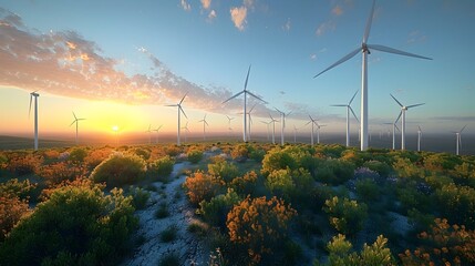 Wall Mural - Expansive Wind Turbine Field Powering a Sustainable Microgrid in the Scenic Countryside Landscape