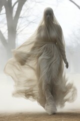 Poster - a woman in a white dress is walking in the fog