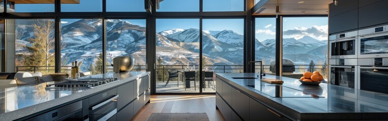 Wall Mural - A large kitchen with a view of mountains. The kitchen is very modern and has a lot of counter space