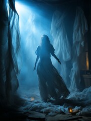 Poster - a woman in a white dress is walking through a dark room