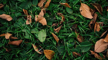 Sticker - Texture background of green grass with dry leaves