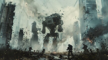 A massive, metallic robot walks through a destroyed city, its presence causing debris to fly through the air as smaller figures run for cover. The scene is set in a post-apocalyptic world, where build