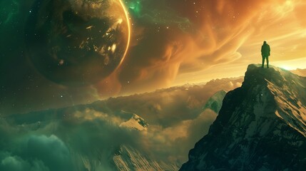Wall Mural - a man standing on the edge of a mountain looking at aurora and planets