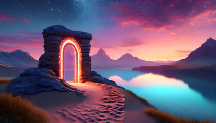 Wall Mural - a 3D render of a surreal landscape with a neon-illuminated stone portal on a dune near a calm lake at twilight. The scene blends elements of fantasy and advanced technology, creating a captivating and