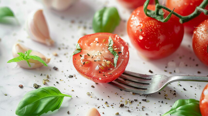 Wall Mural - Fresh Tomatoes and Herbs being Pressed with Fork - Gastronomy Cooking Concept Stock Photo