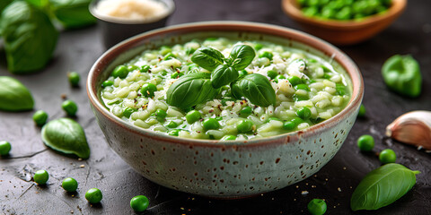 Green Pea Risotto made with arborio rice, vegetable broth, Parmesan cheese, and green peas stirred in at the end.