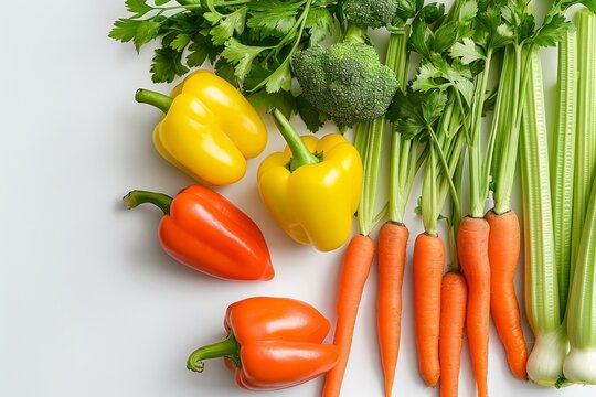 A background of fresh vegetables including celery, carrots, and bell peppers