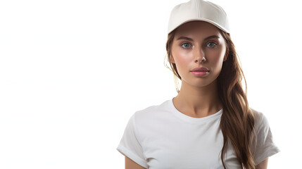 Wall Mural - a young woman in a white t-shirt and cap isolated on white background, detailed, png