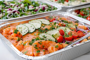 Wall Mural - Close-up of cold food in foil containers, including fish and salad. The tin is filled with sliced cucumber, tomatoes, herbs, red onion slices, and fresh salmon fillets.