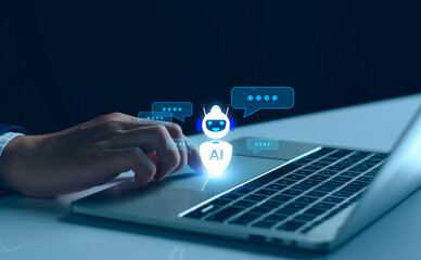 Wall Mural - ai chat bot technology concept, business man using technology smart robot ai intelligence, command p