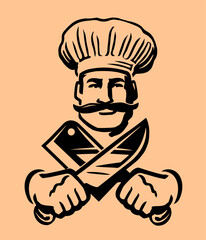 Sticker - Serious chef in hat with kitchen knives. Emblem or logo for butcher shop or grill restaurant. Vector illustration