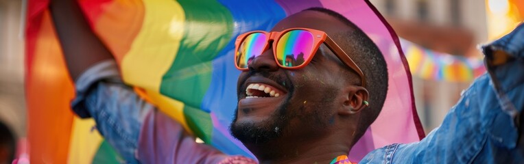 Poster - A man wearing sunglasses and a rainbow flag is smiling. Concept of joy and celebration