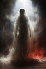 Poster - a woman in a white dress standing in front of a door with smoke coming out of it