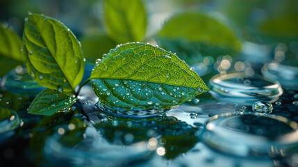 Wall Mural - water drop from leaf and laboratory for natural chemistry concept