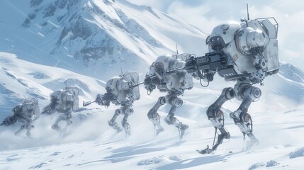 Wall Mural - A group of robots are walking through the snow. The robots are white and have weapons. The robots are moving in a line and appear to be in a battle