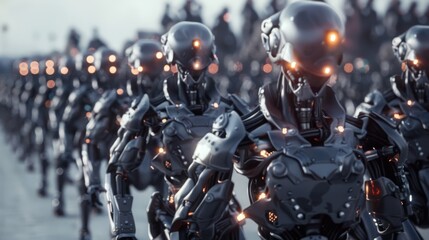 Poster - A group of robots are marching in a line. The robots are all the same color and have glowing eyes. The scene is futuristic and gives off a sense of order and discipline