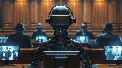 Aufkleber - A man in a VR headset is sitting in front of a computer monitor. He is surrounded by other people in VR headsets. The scene is set in a courtroom, and the man is likely a judge or a lawyer