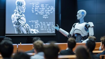 Aufkleber - A robot is standing in front of a large screen with a group of people watching. The robot is pointing to the screen, which has a diagram on it. Scene is educational and informative