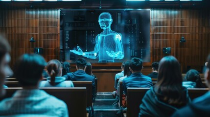 Fototapete - A man is standing in front of a large screen with a blue and green image of a robot. The robot is holding a hand up in the air