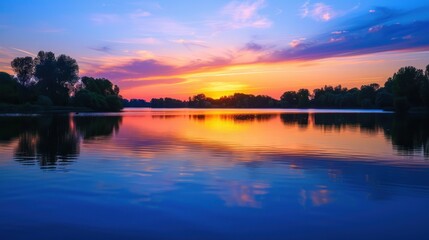 Wall Mural - A serene summer evening by the lake, with a colorful sunset reflecting off the calm water and silhouettes of trees on the horizon. 