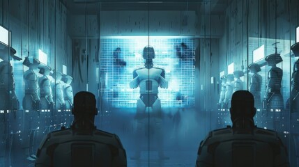 Wall Mural - A group of robots are standing in front of a screen with a man in the middle. The robots are all looking at the screen, and the man is looking at them. Scene is one of curiosity and anticipation