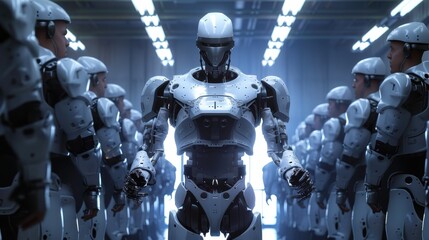 Leinwandbilder - A group of robots are standing in a line, with one of them looking at the camera. The scene is set in a futuristic environment, with the robots all wearing identical white suits