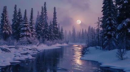 Wall Mural - A serene winter landscape with a winding river and snow-covered evergreen trees, illuminated by the soft glow of moonlight.