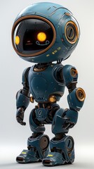 Aufkleber - A robot with a blue body and yellow eyes stands in front of a white background. The robot has a futuristic design and he is a part of a computer-generated image