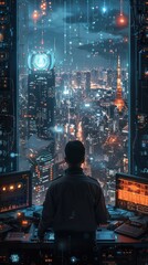 Fototapete - A man is looking out of a window at a cityscape. The city is lit up with neon lights, giving it a futuristic and industrial feel