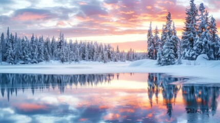 Wall Mural - A serene winter landscape with snow-covered trees and a frozen lake, reflecting the pink and orange hues of a sunset sky. 