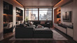 © Magic Art - Stylish cinematic living room interior with comfortable dark sofa