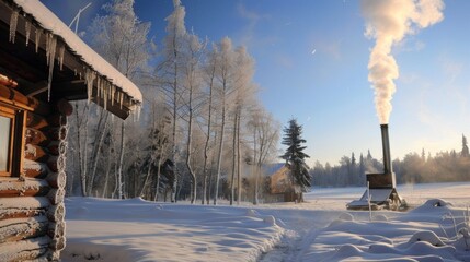 Wall Mural - A tranquil winter scene with icicles hanging from the eaves of a cabin and smoke rising from the chimney into the cold, clear sky. 