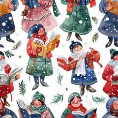 Wall Mural - A colorful watercolor illustration of people singing carols outdoors in the winter snow. The illustration features a seamless pattern of people dressed in warm winter clothing, holding songbooks, and 