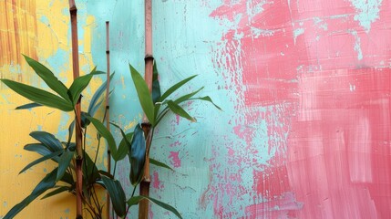 Wall Mural - Bamboo plant next to colorful wall