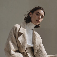 Wall Mural - A young woman is wearing a tan blazer and a white turtleneck blouse.

