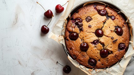 Poster - Delightful vanilla cake with chocolate and cherry baked in a pan set on parchment paper against a white backdrop allowing room for text